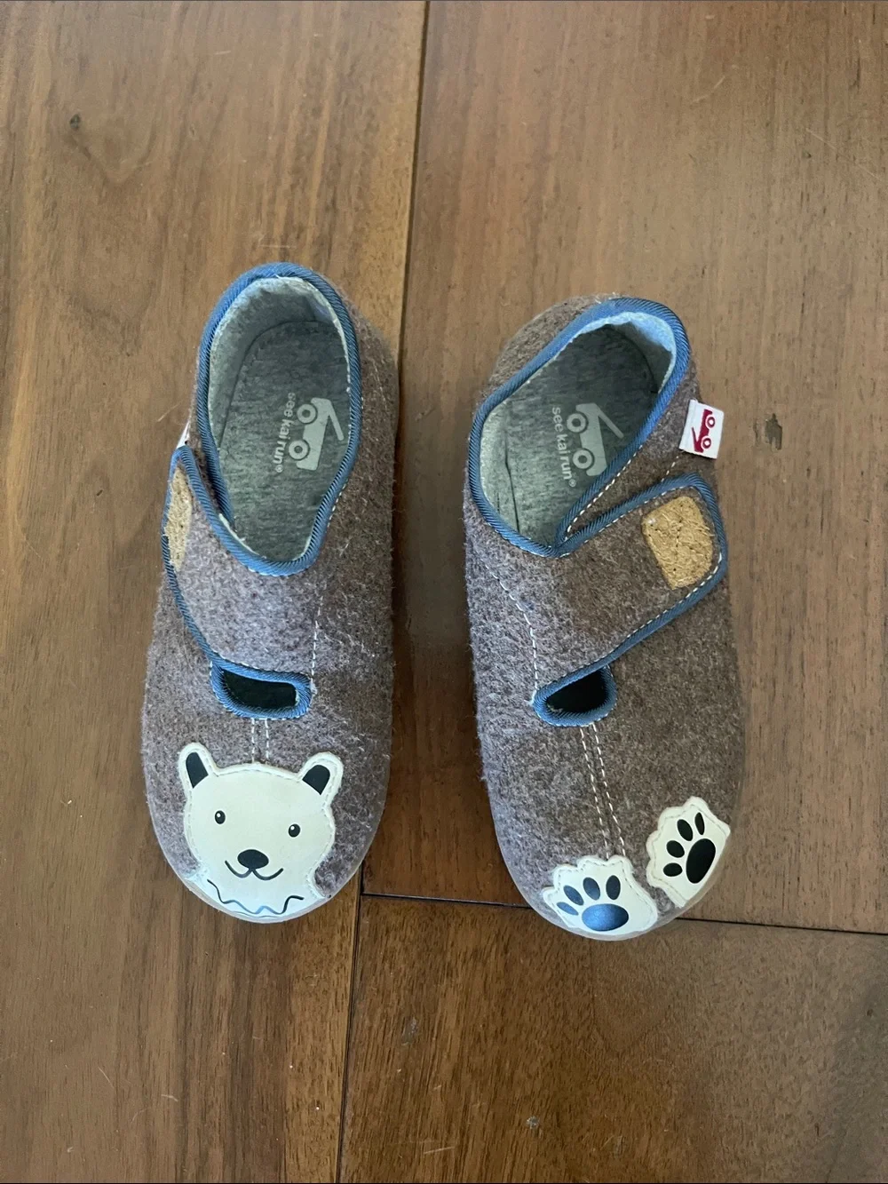 See Kai Run Brown Felt Bear Slippers with Blue Trim